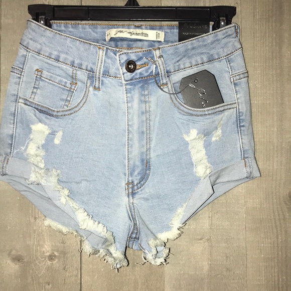 Light Blue Raw Distressed Denim Shorts - Picture 6 of 13